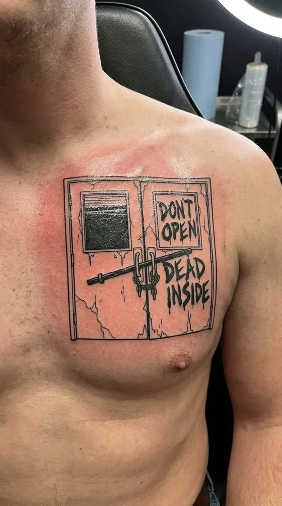 Double doors with "Don't Open, Dead Inside", blackwork tattoo preview on a chest